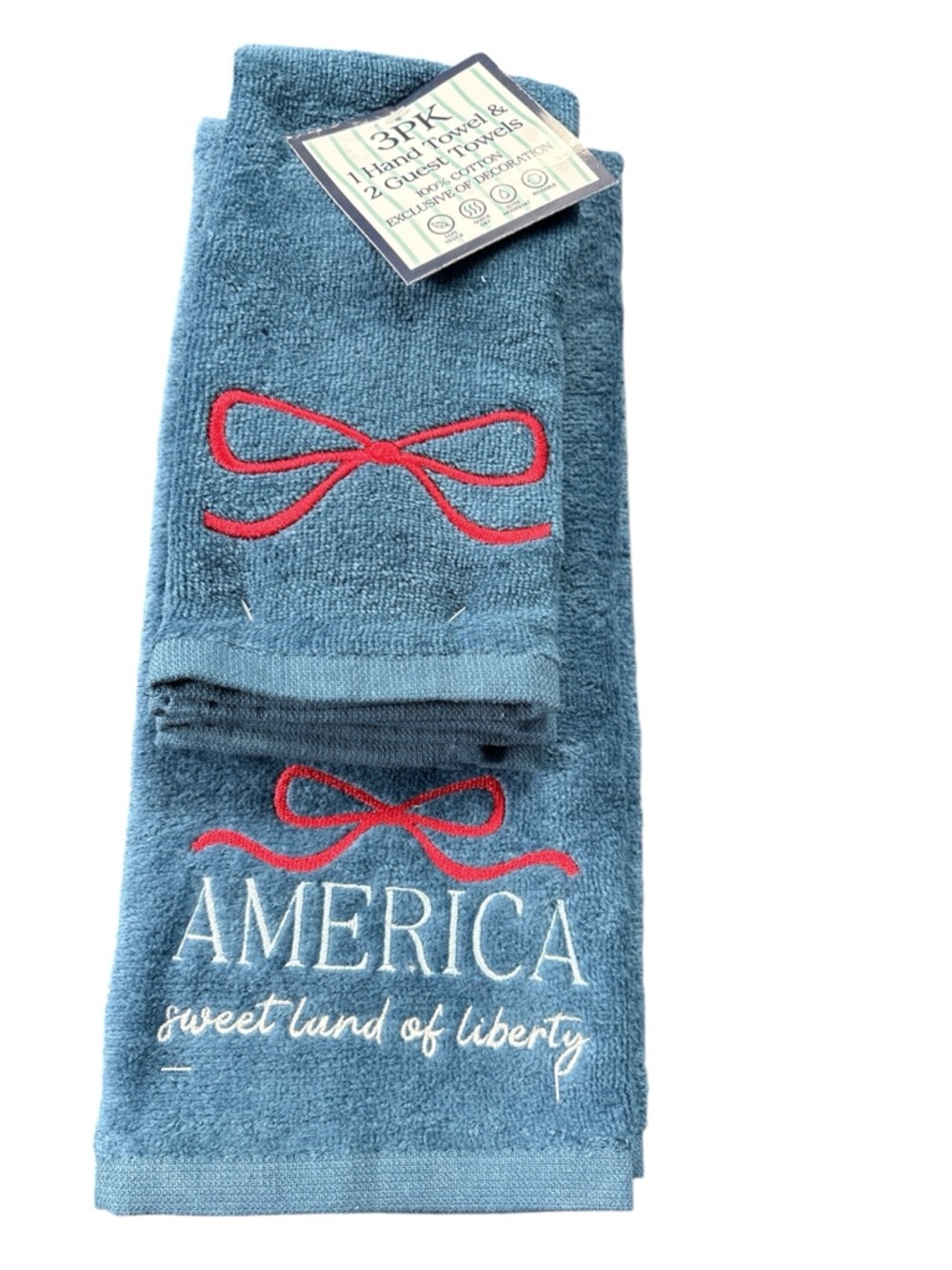Patriotic Blue 'America' Guest Hand Towel Set - Embroidered Red & White Accents